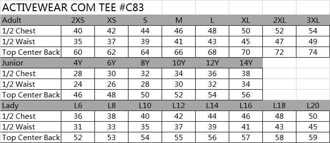 activewear tee size chart,tight tee size chart,compression tee size chart