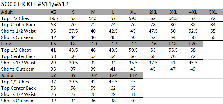 Jersey Size Chart Soccer