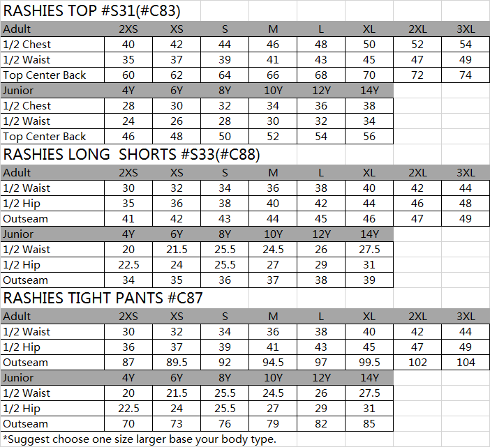 SIZE CHART SPORTSWEAR-Custom clothing expert