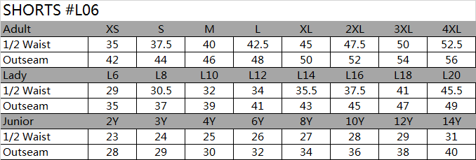 shorts size chart